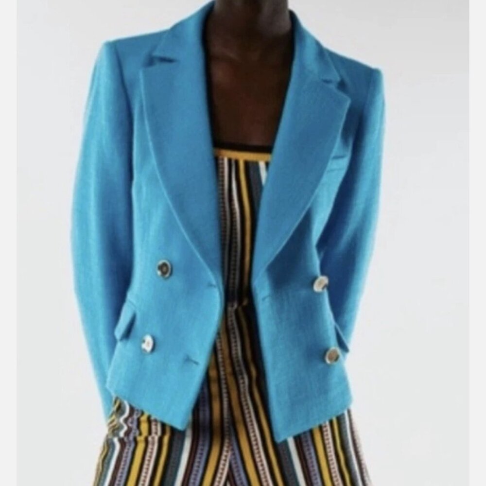 NWT Zara Turquoise Textured Cropped Blazer Jacket Size L